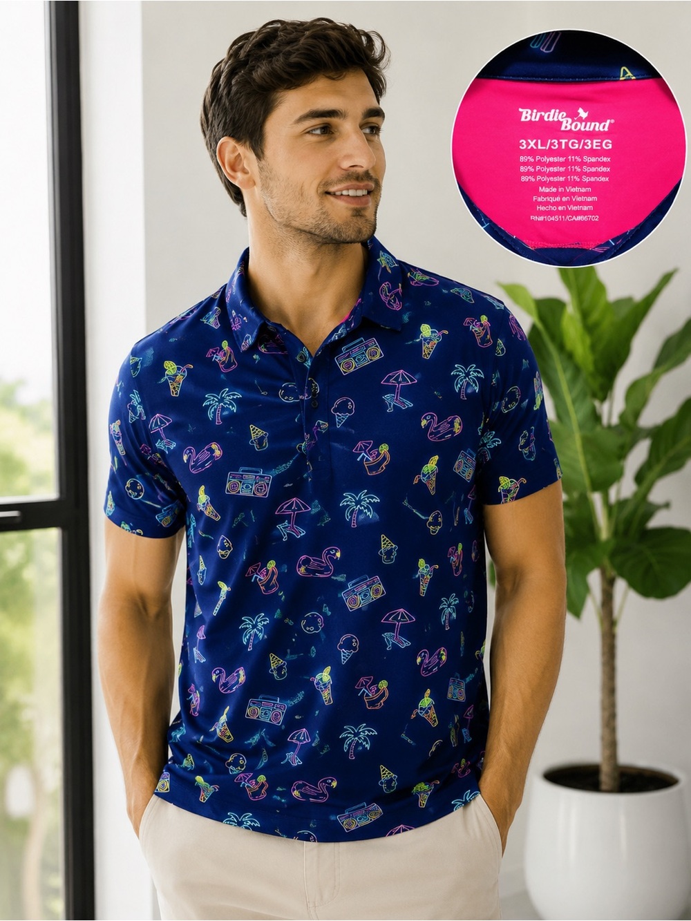 Birdie Bound Golf Polo Shirt 3XL NWT Navy Tropical Stretch Performance Print